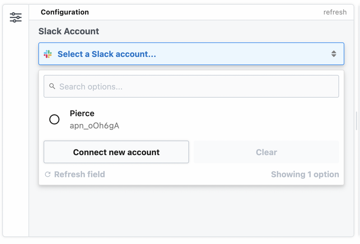 Connect a Slack account to a Node.js code step using a prop